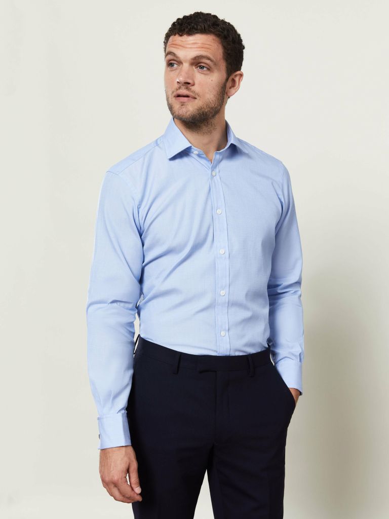 Blue End-on-End Slim Fit Double Cuff Classic Collar Shirt – tmlewinuk